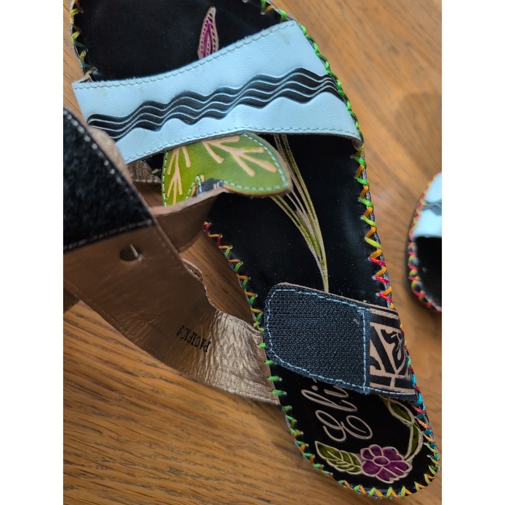 ELITE by Corky's Pacific Multicolor US Sz 9 Tooled Leather Sandals Wedge Heel - Picture 9 of 9